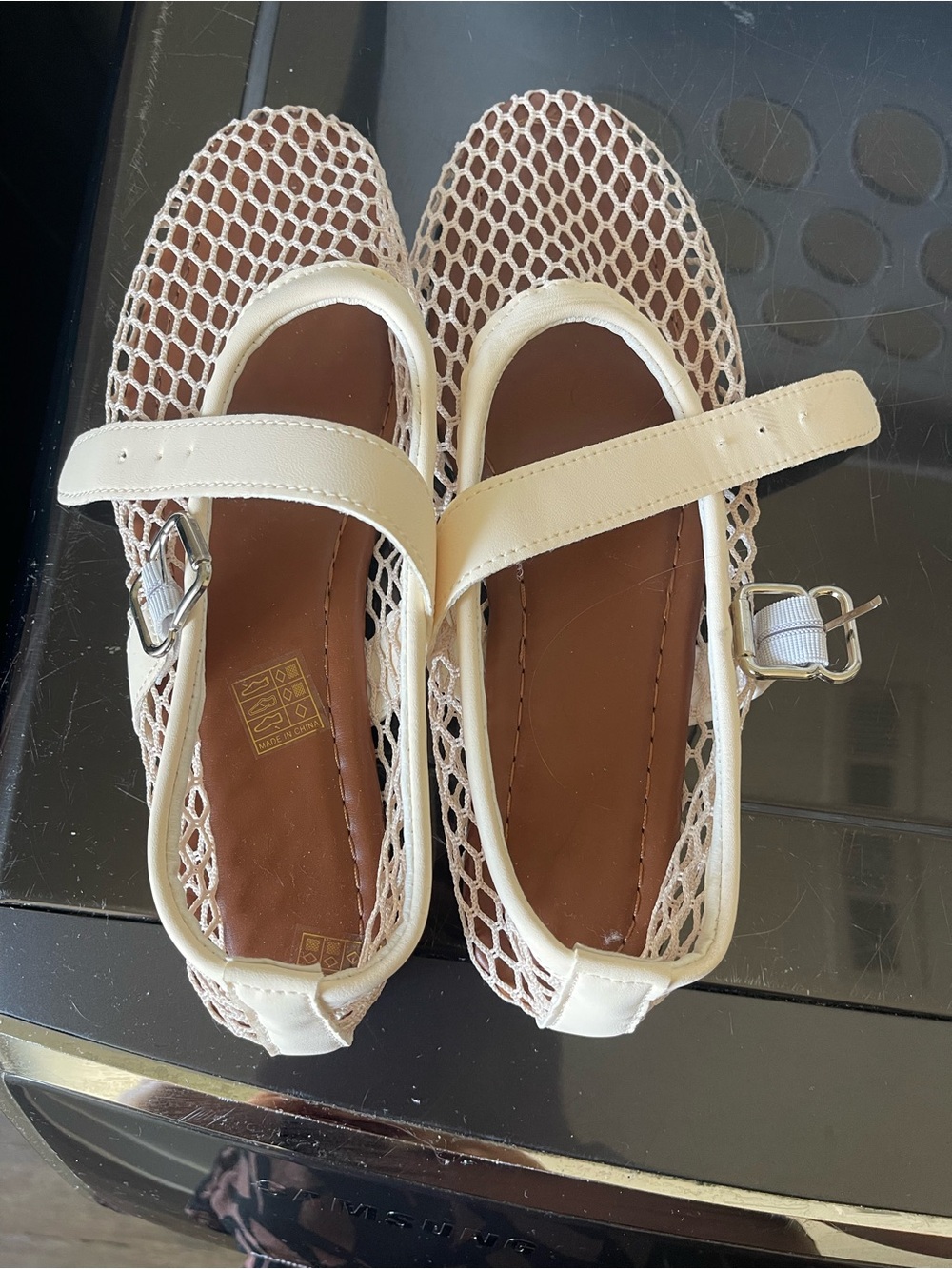 Cream Mesh Mary Jane Flats with Buckle Strap